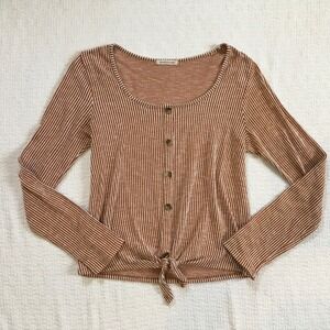 CAUTION TO THE WIND Womens Striped Boho Tie Waist Long Sleeve Top L Bohemian